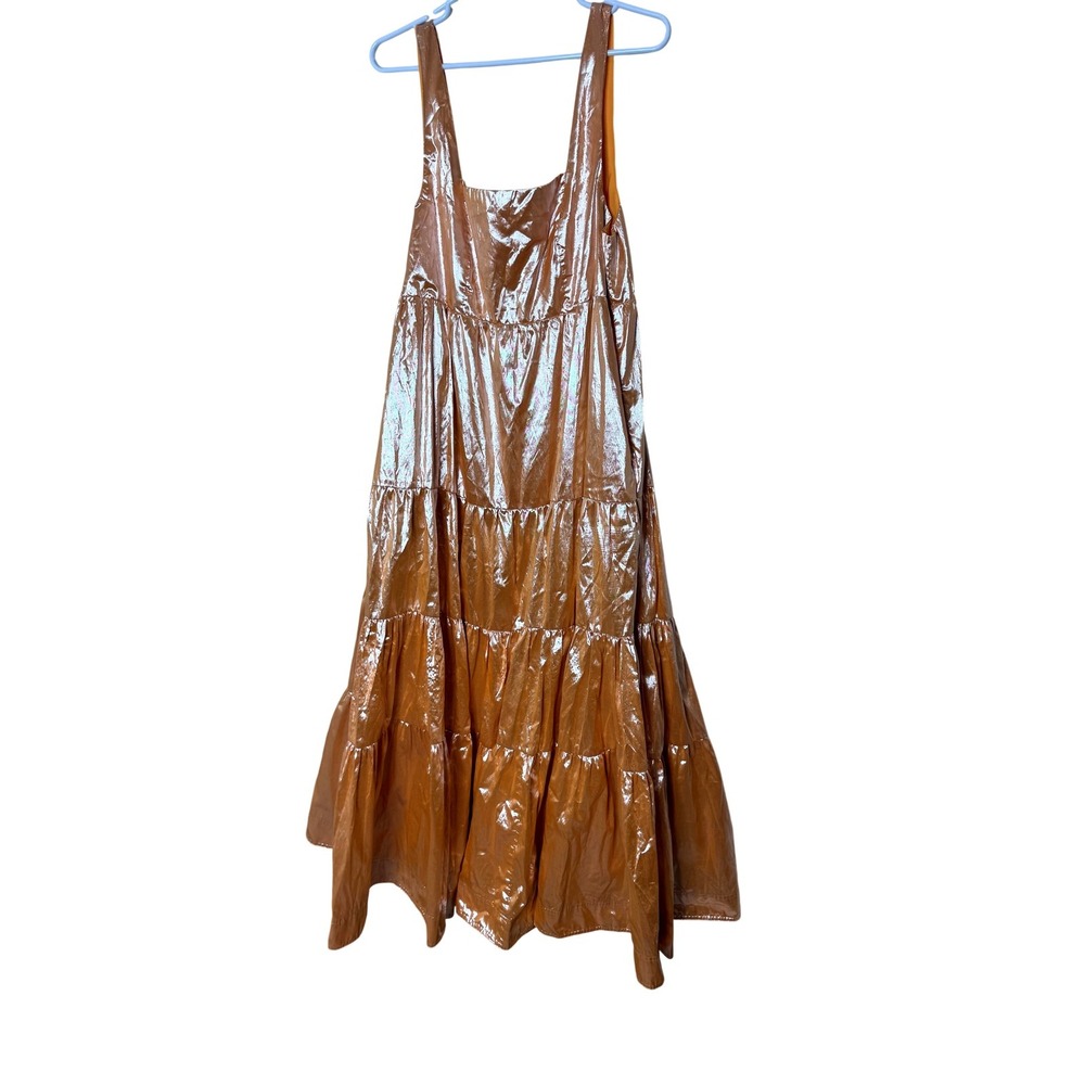 Anthropologie Womens Large Orange Metallic Tiered Neck Maxi Sundress Pockets